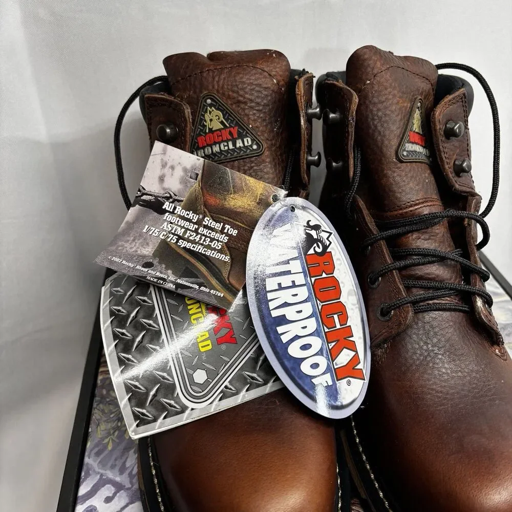 New Rocky IronClad 6696 Mens 8.5 M Steel Toe Waterproof Work Boots Brown Leather